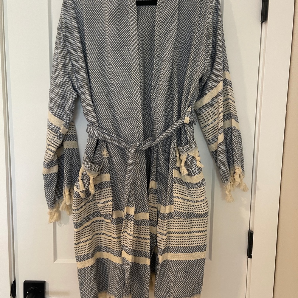 Hooded Blue and Cream Turkish Striped Robe
